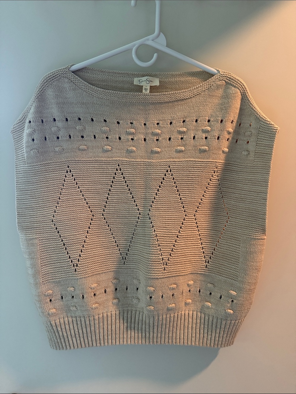 Jessica Simpson Beige Crewneck Pointelle Diamond Knit Sweater